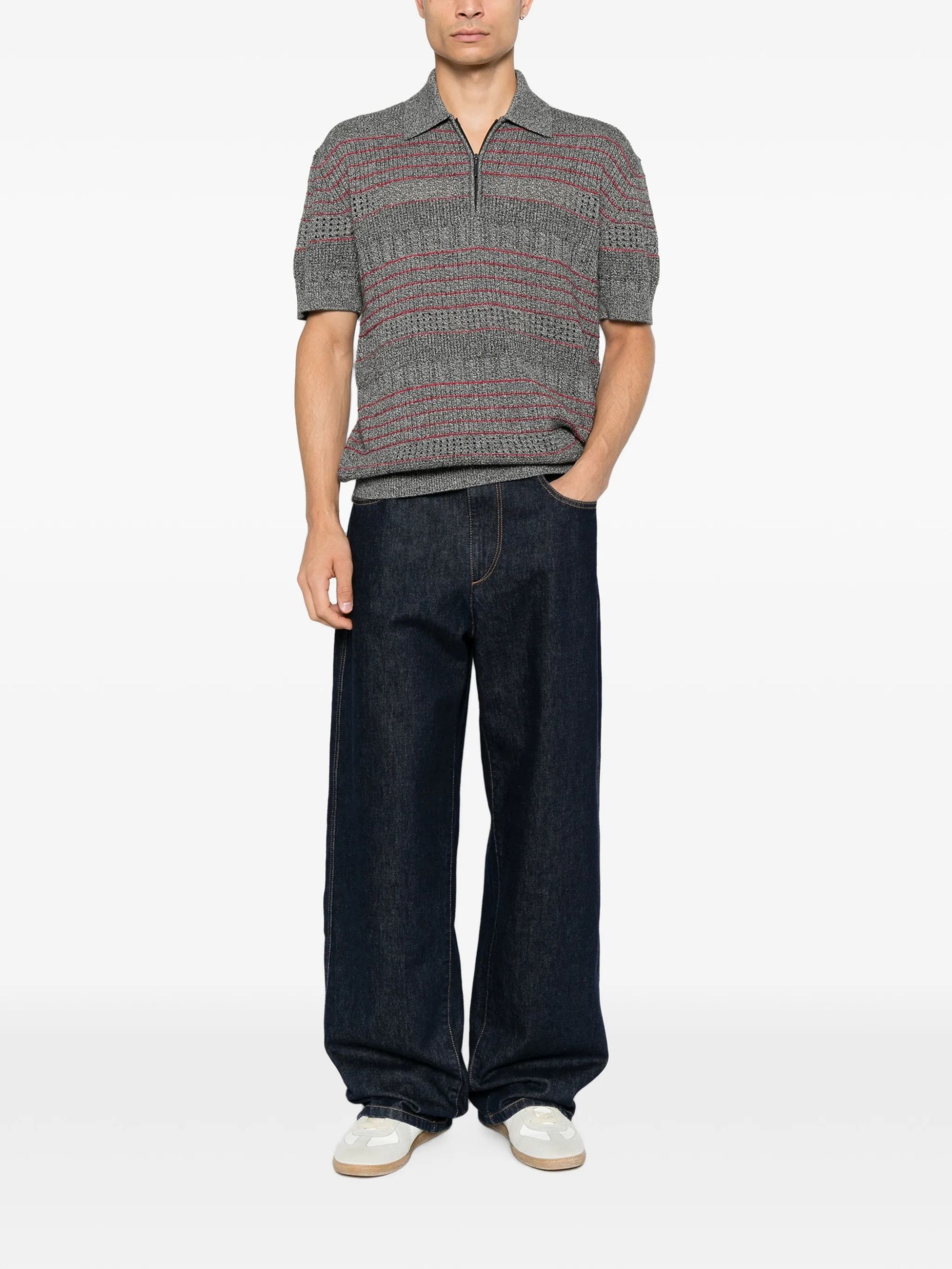 OPENWORK ZIPPED SHORT SLEEVE KNIT POLO #GREY DROLE DE MONSIEUR Jersey L PO230 WO023 GY